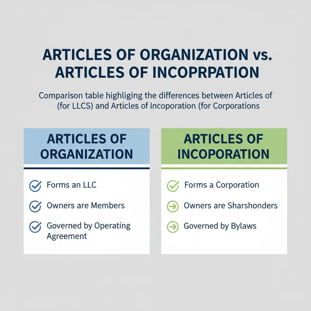 Comparison table highlighting the differences between Articles of Organization (for LLCs) and Articles of Incorporation (for Corporations).