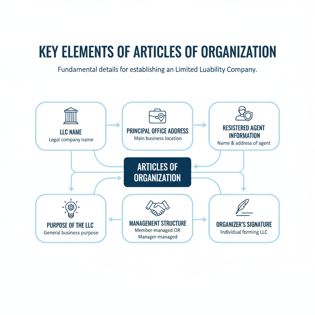 Diagram showing the essential components of Articles of Organization, including LLC name, registered agent, and management structure.