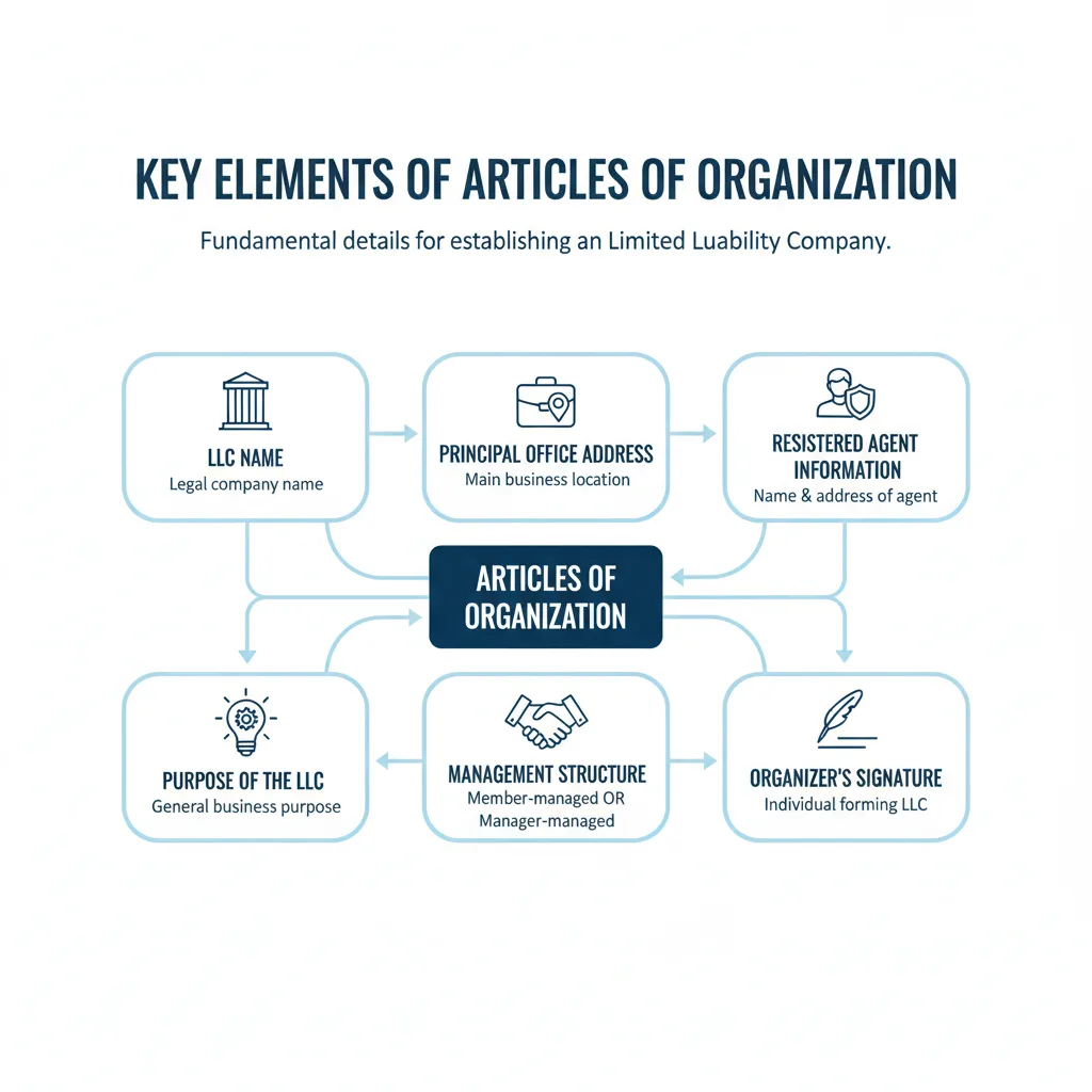 Diagram showing the essential components of Articles of Organization, including LLC name, registered agent, and management structure.
