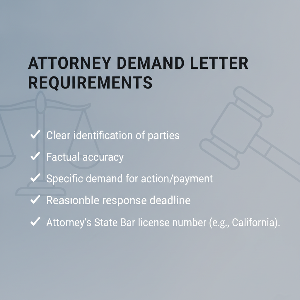 Checklist outlining essential requirements for an attorney's demand letter, including factual accuracy, legal basis, specific demands, and attorney's license number.