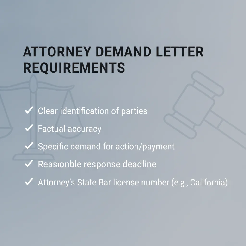 Checklist outlining essential requirements for an attorney's demand letter, including factual accuracy, legal basis, specific demands, and attorney's license number.