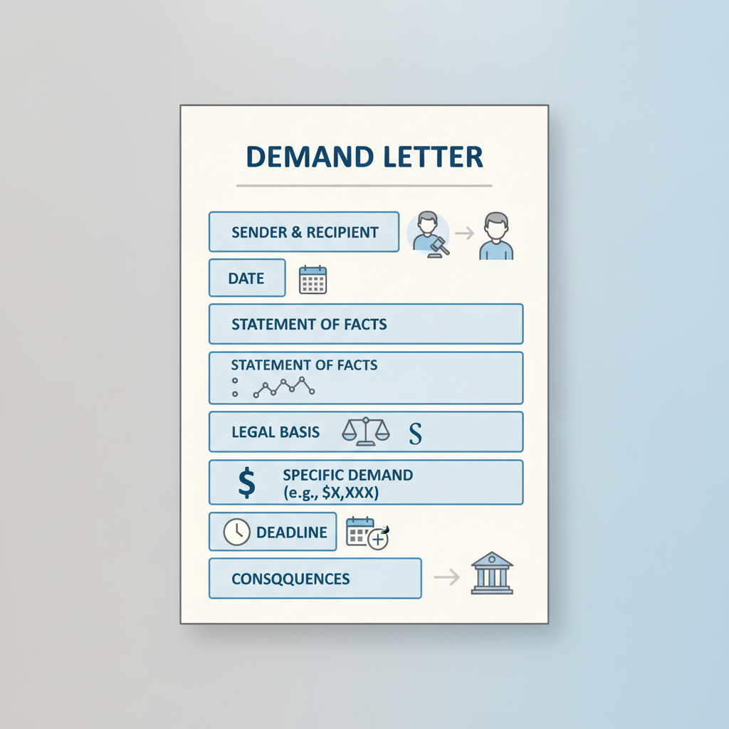 Illustration showing the key components of a demand letter, such as sender, recipient, facts, legal basis, demand, and deadline.