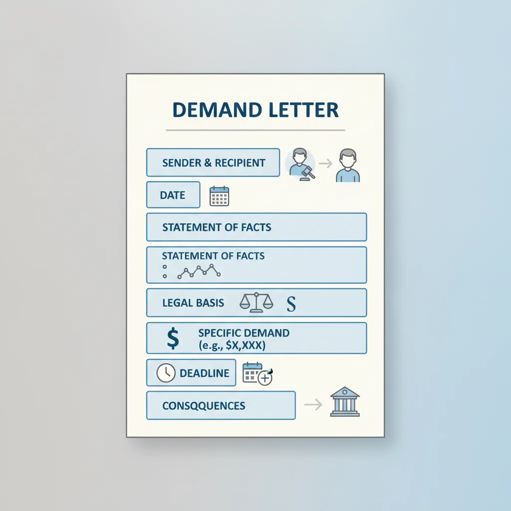Illustration showing the key components of a demand letter, such as sender, recipient, facts, legal basis, demand, and deadline.