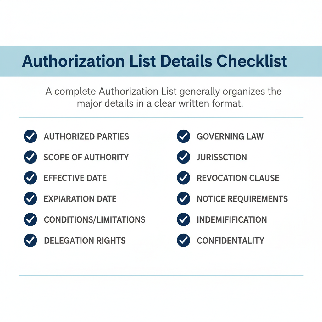 Checklist of details commonly addressed in a Authorization List.