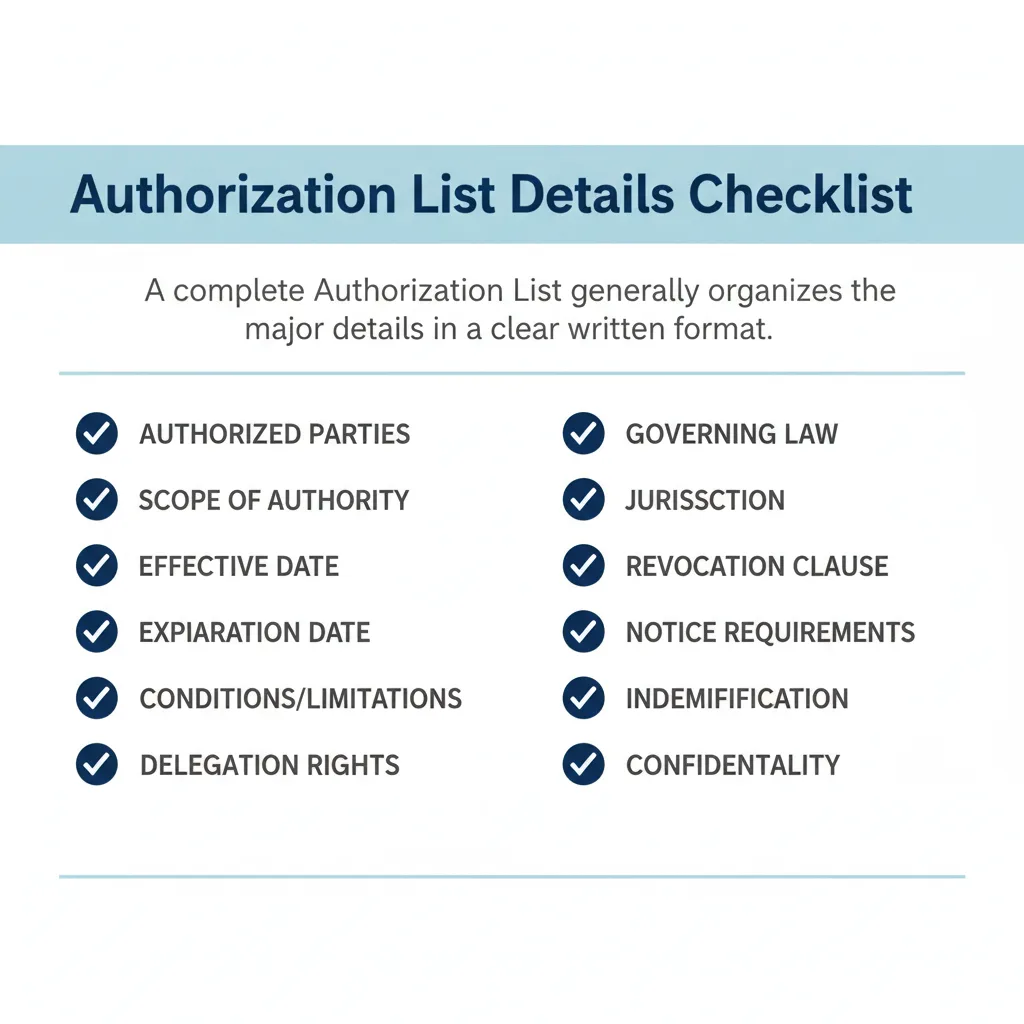Checklist of details commonly addressed in a Authorization List.