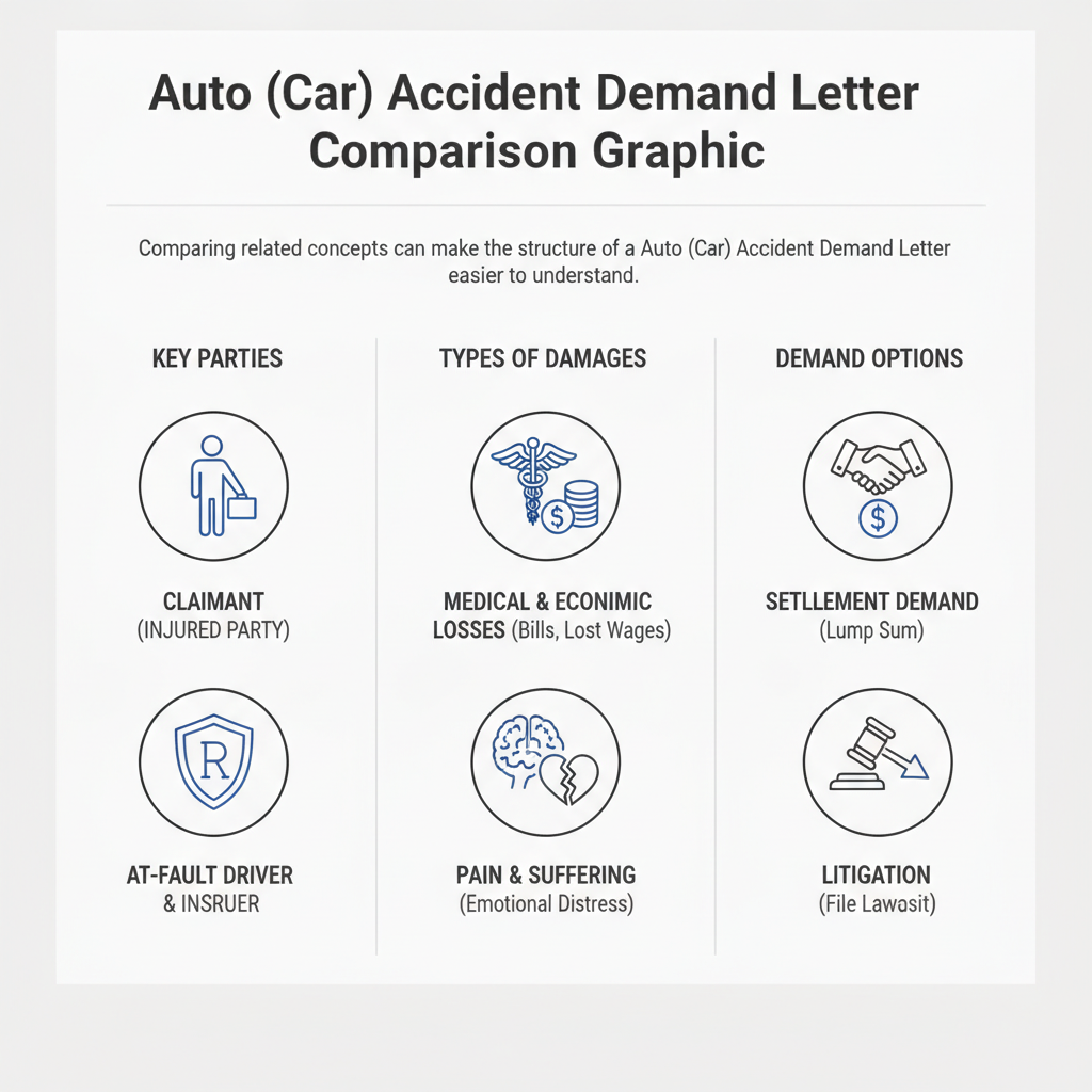 Comparison graphic explaining concepts related to a Auto (Car) Accident Demand Letter.