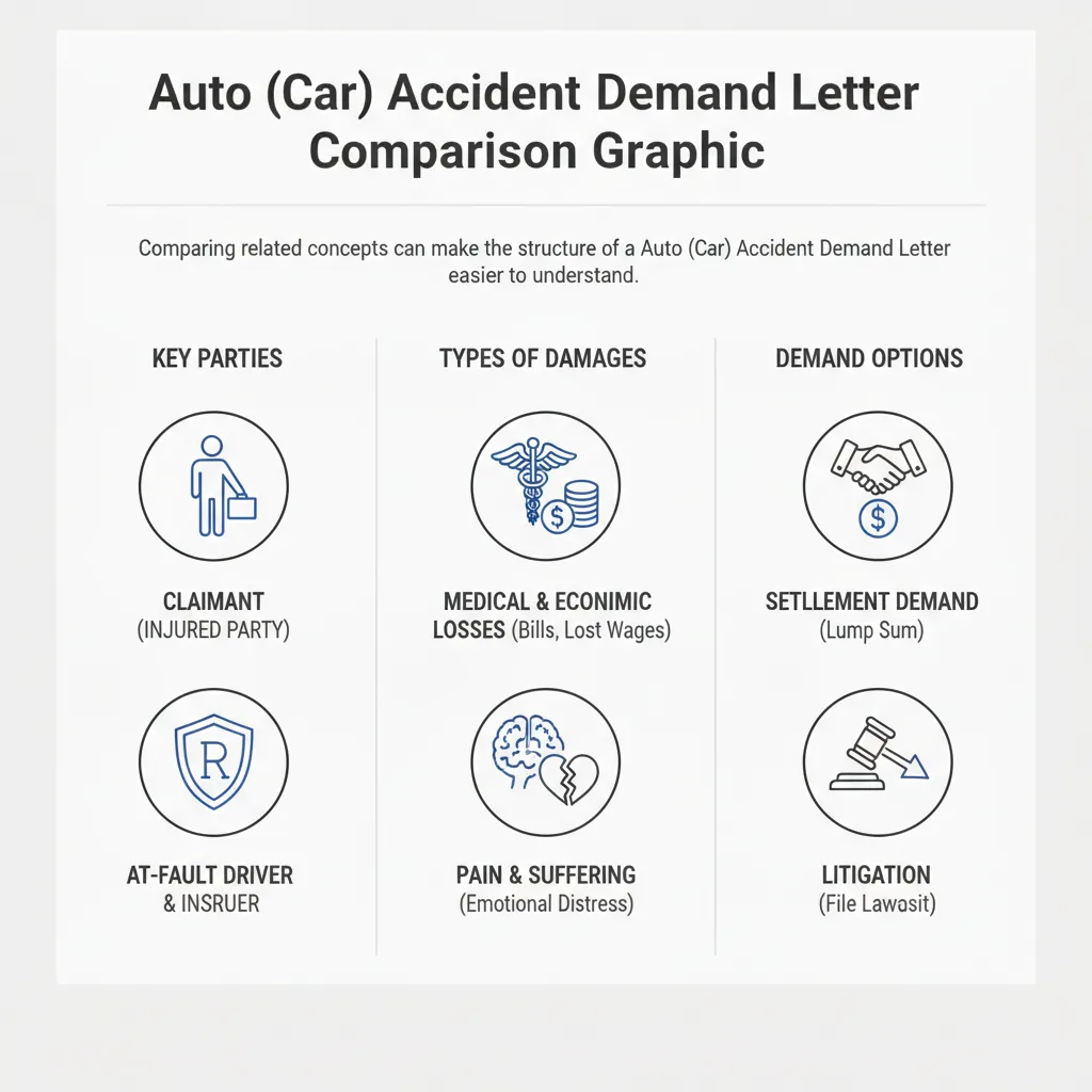 Comparison graphic explaining concepts related to a Auto (Car) Accident Demand Letter.