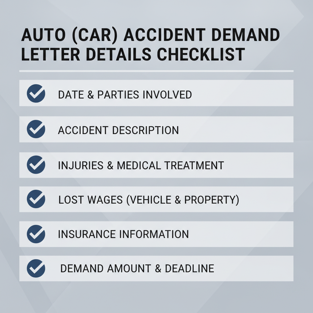 Checklist of details commonly addressed in a Auto (Car) Accident Demand Letter.