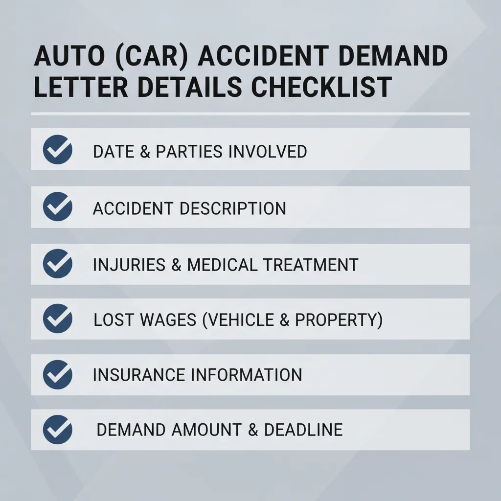 Checklist of details commonly addressed in a Auto (Car) Accident Demand Letter.