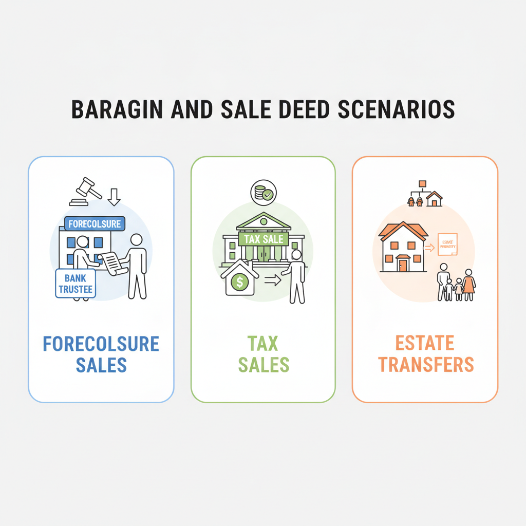 Illustrations of common uses for a Bargain and Sale Deed, including foreclosure sales, tax sales, and estate property transfers.
