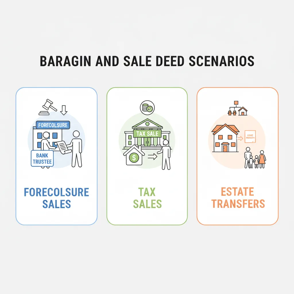 Illustrations of common uses for a Bargain and Sale Deed, including foreclosure sales, tax sales, and estate property transfers.