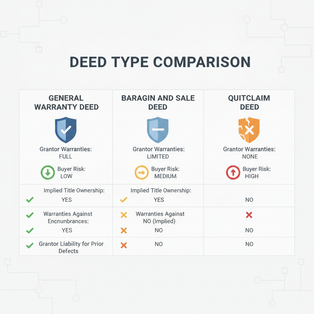 Comparison table of General Warranty Deed, Bargain and Sale Deed, and Quitclaim Deed, highlighting grantor warranties and buyer risk levels.