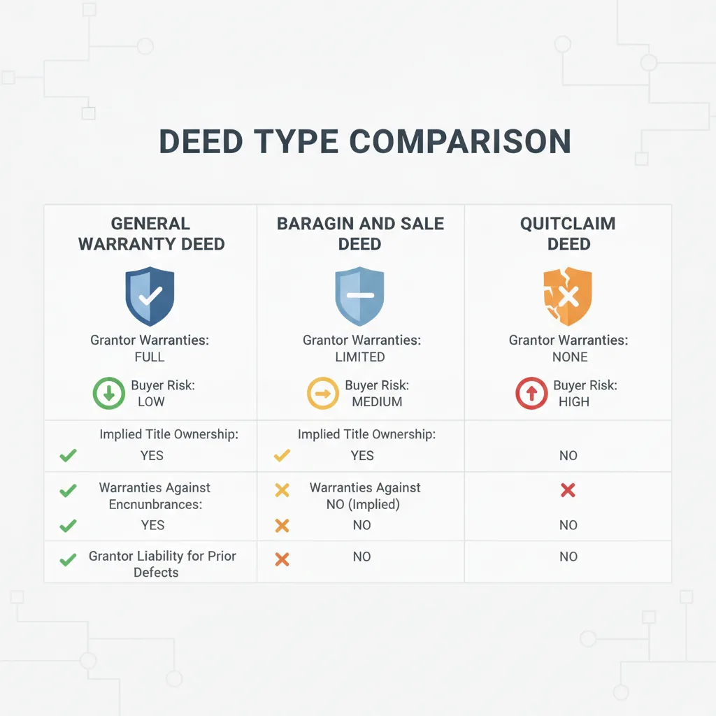 Comparison table of General Warranty Deed, Bargain and Sale Deed, and Quitclaim Deed, highlighting grantor warranties and buyer risk levels.