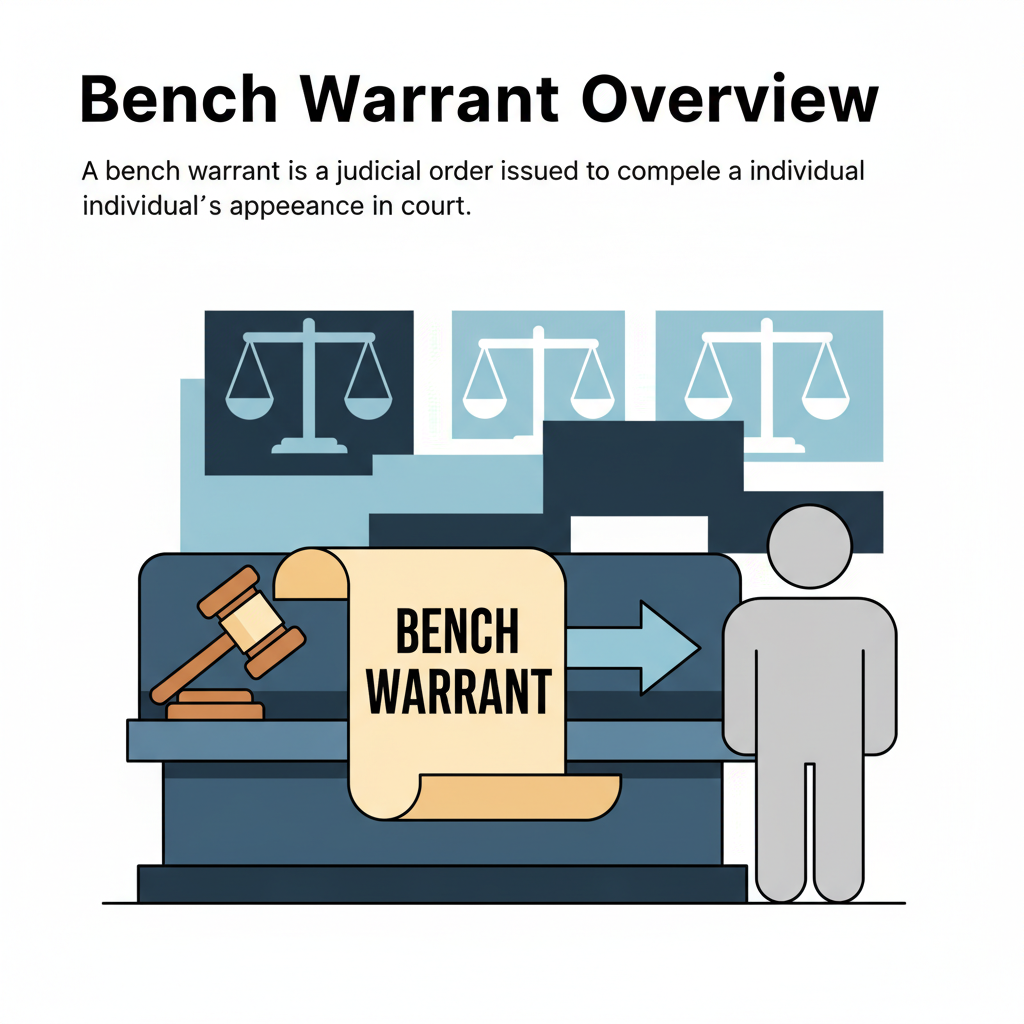 Illustration showing a bench warrant being issued from a court bench to an individual.