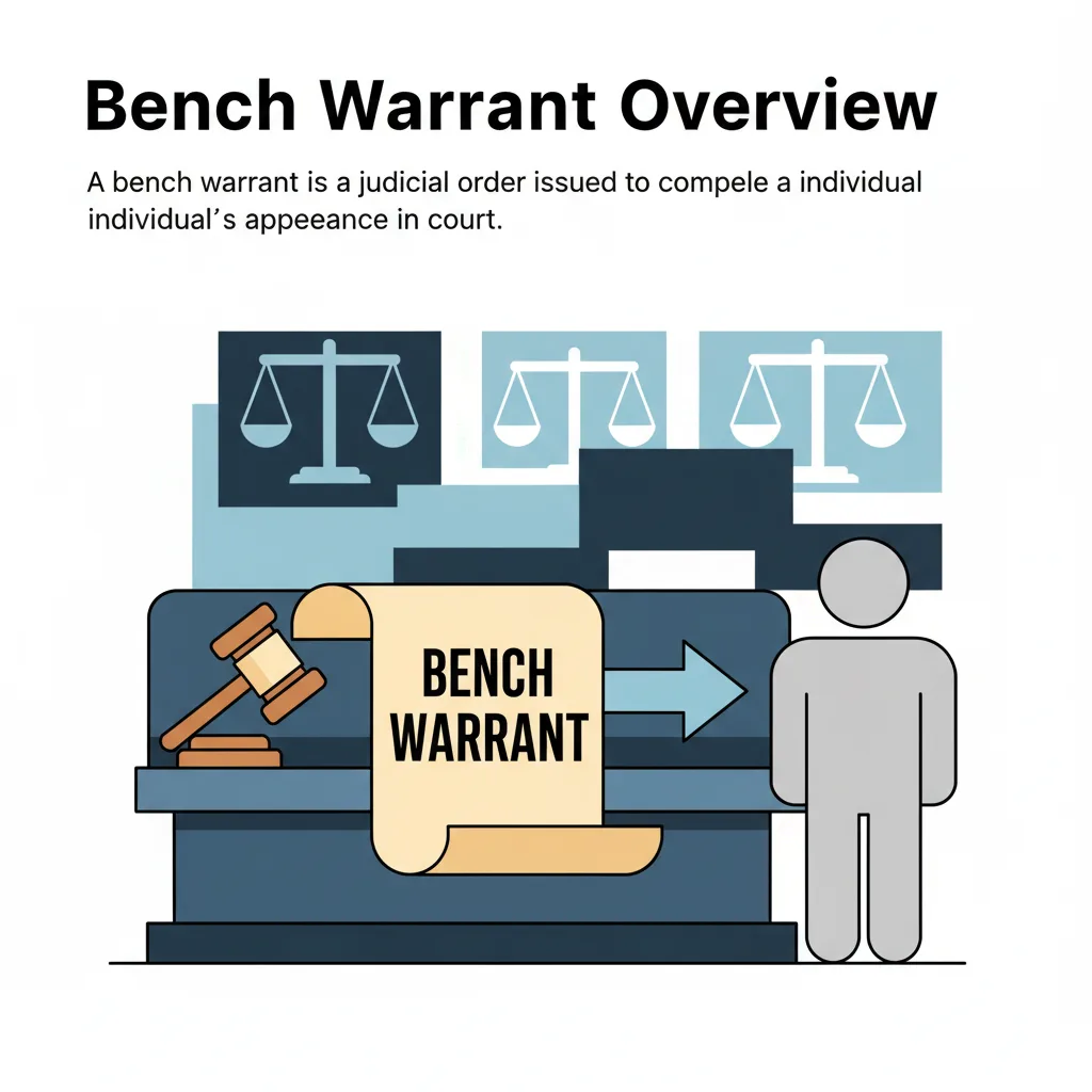 Illustration showing a bench warrant being issued from a court bench to an individual.