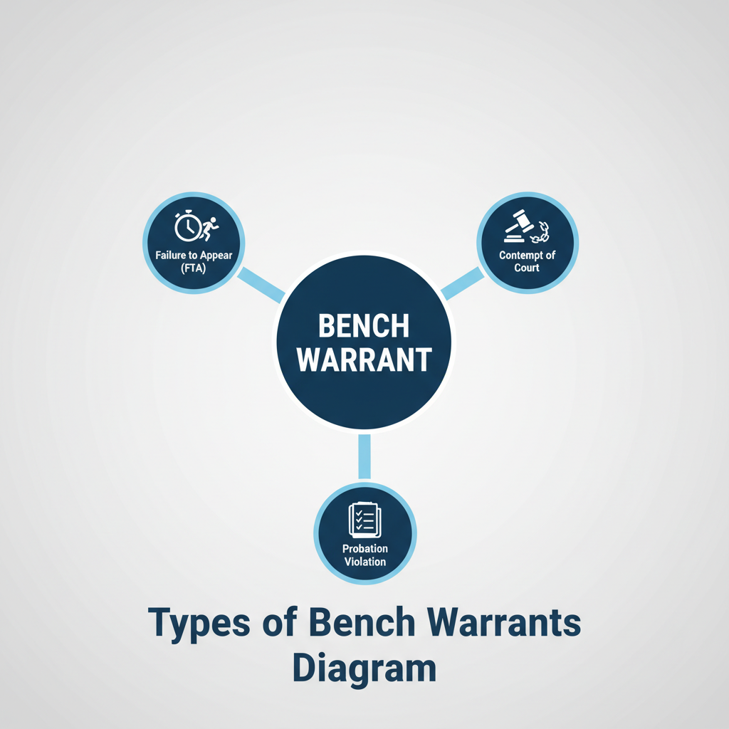 Diagram illustrating various types of bench warrants, including Failure to Appear, Contempt, and Probation Violation.