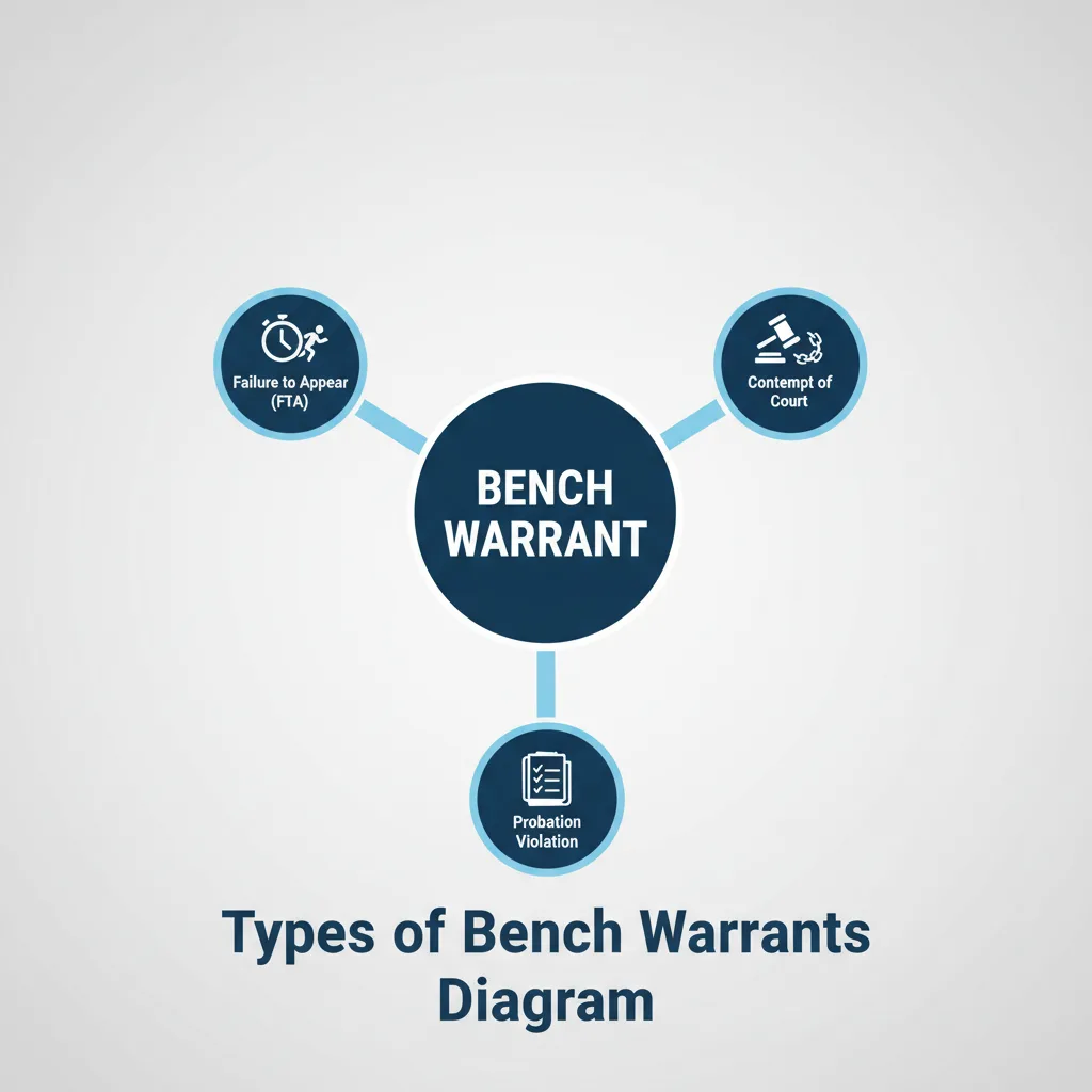 Diagram illustrating various types of bench warrants, including Failure to Appear, Contempt, and Probation Violation.