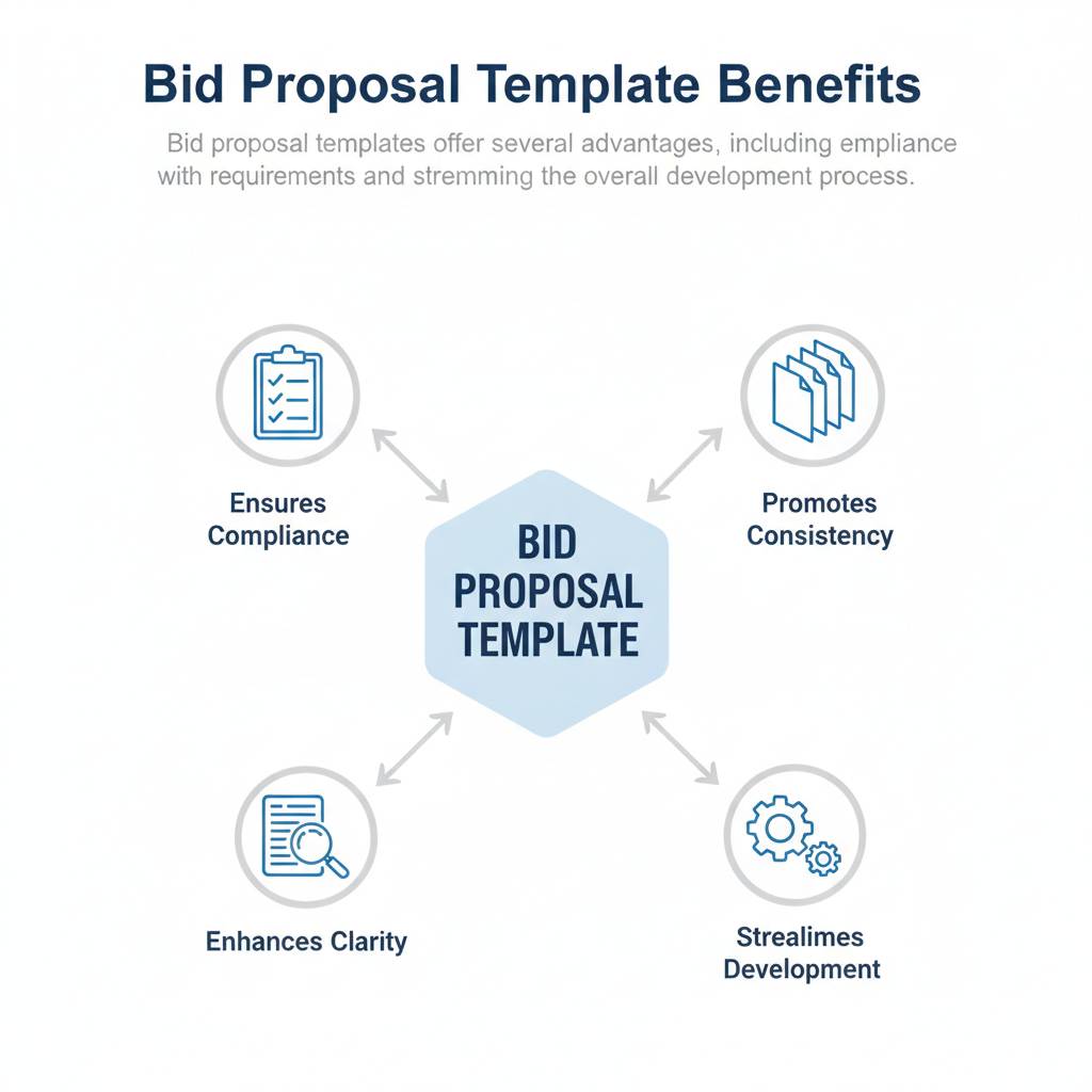 Diagram showing the benefits of using a bid proposal template, including compliance, consistency, clarity, and streamlined development.