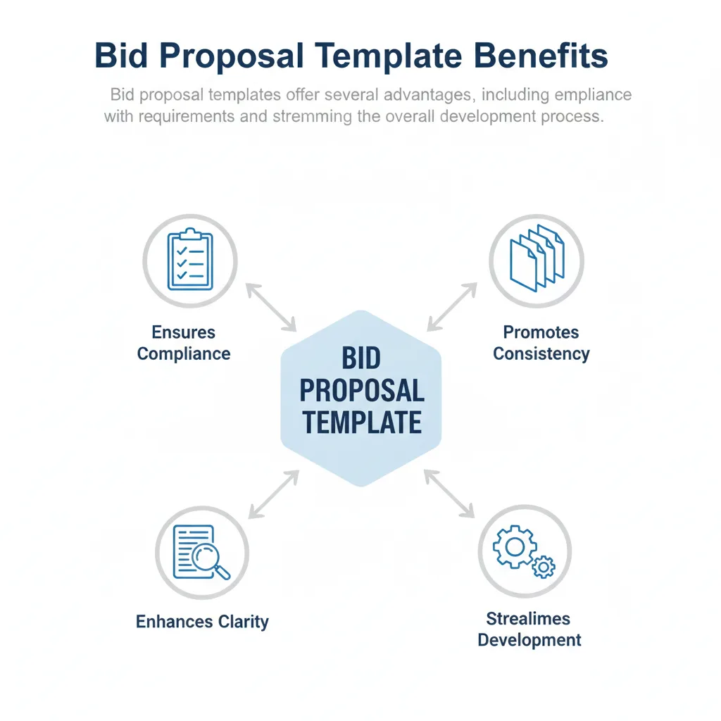 Diagram showing the benefits of using a bid proposal template, including compliance, consistency, clarity, and streamlined development.