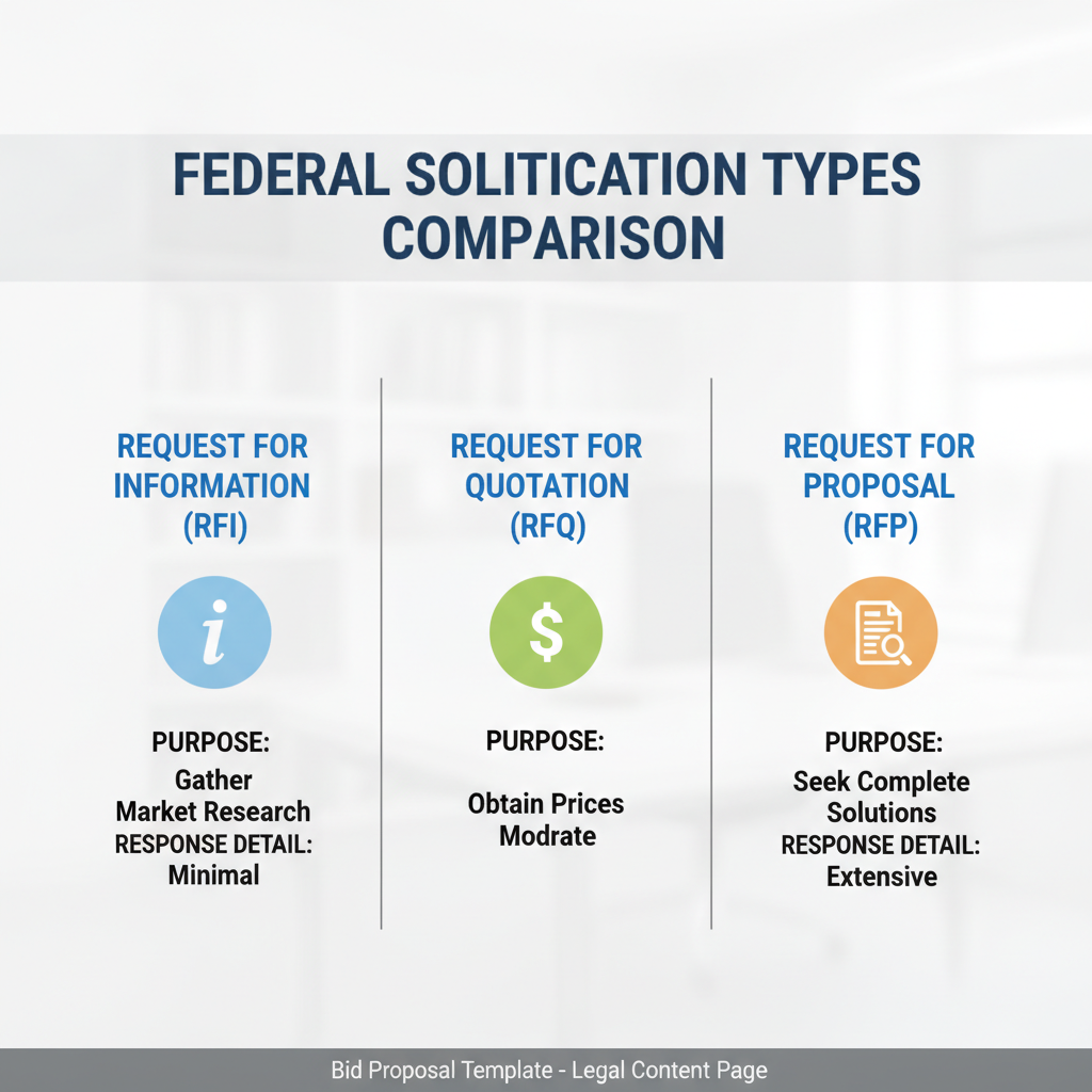 Comparison table outlining the differences between RFI, RFQ, and RFP in federal contracting, focusing on purpose and required response detail.