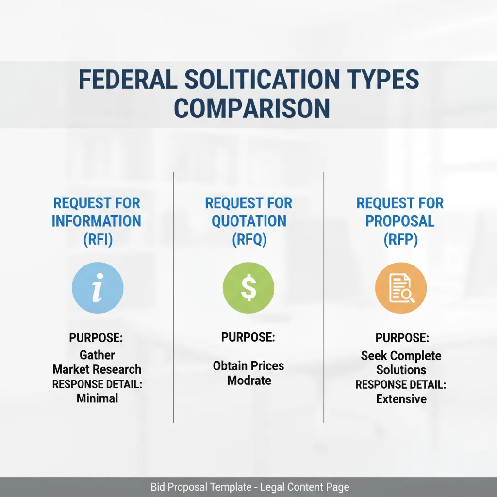 Comparison table outlining the differences between RFI, RFQ, and RFP in federal contracting, focusing on purpose and required response detail.