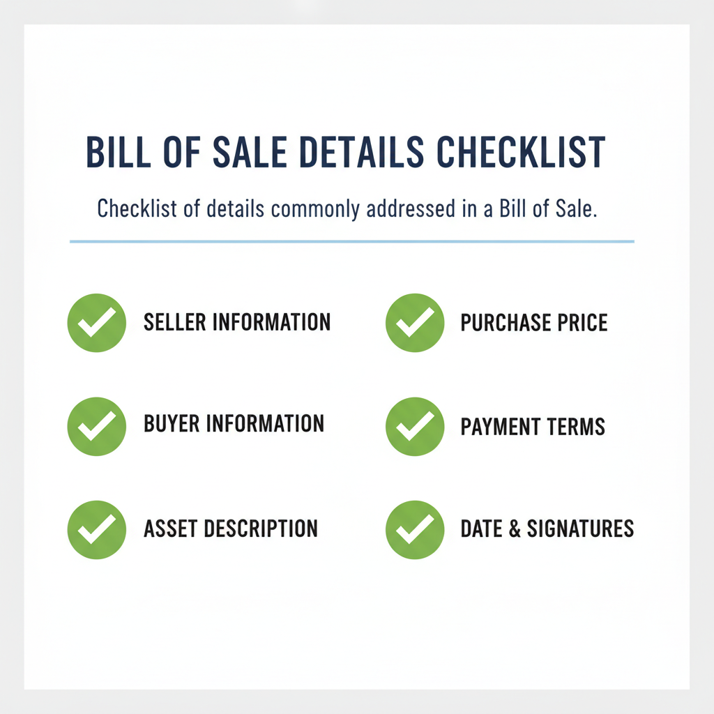 Checklist of details commonly addressed in a Bill of Sale.
