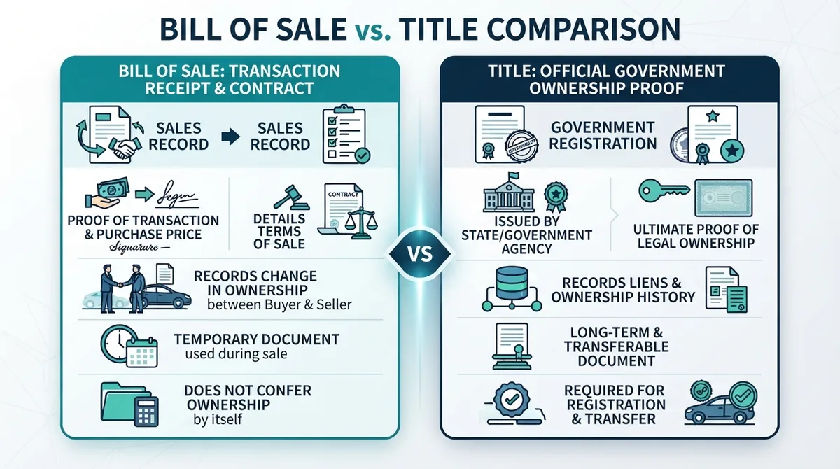 Comparison chart highlighting the differences between a Bill of Sale and a Title.