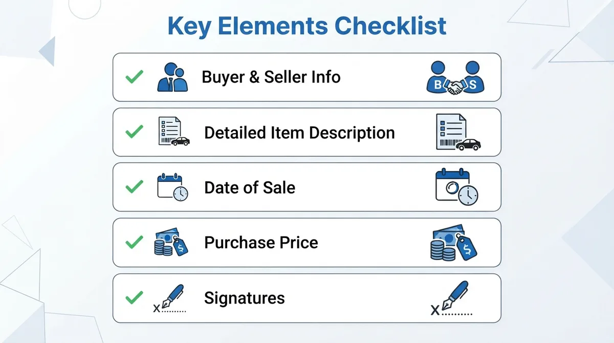 Infographic listing the key elements of a Bill of Sale.