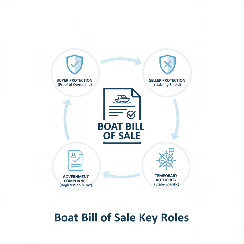 Diagram illustrating the multiple purposes of a Boat Bill of Sale, including buyer protection, seller protection, government compliance, and temporary operating authority.
