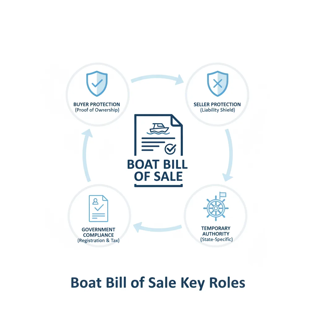 Diagram illustrating the multiple purposes of a Boat Bill of Sale, including buyer protection, seller protection, government compliance, and temporary operating authority.