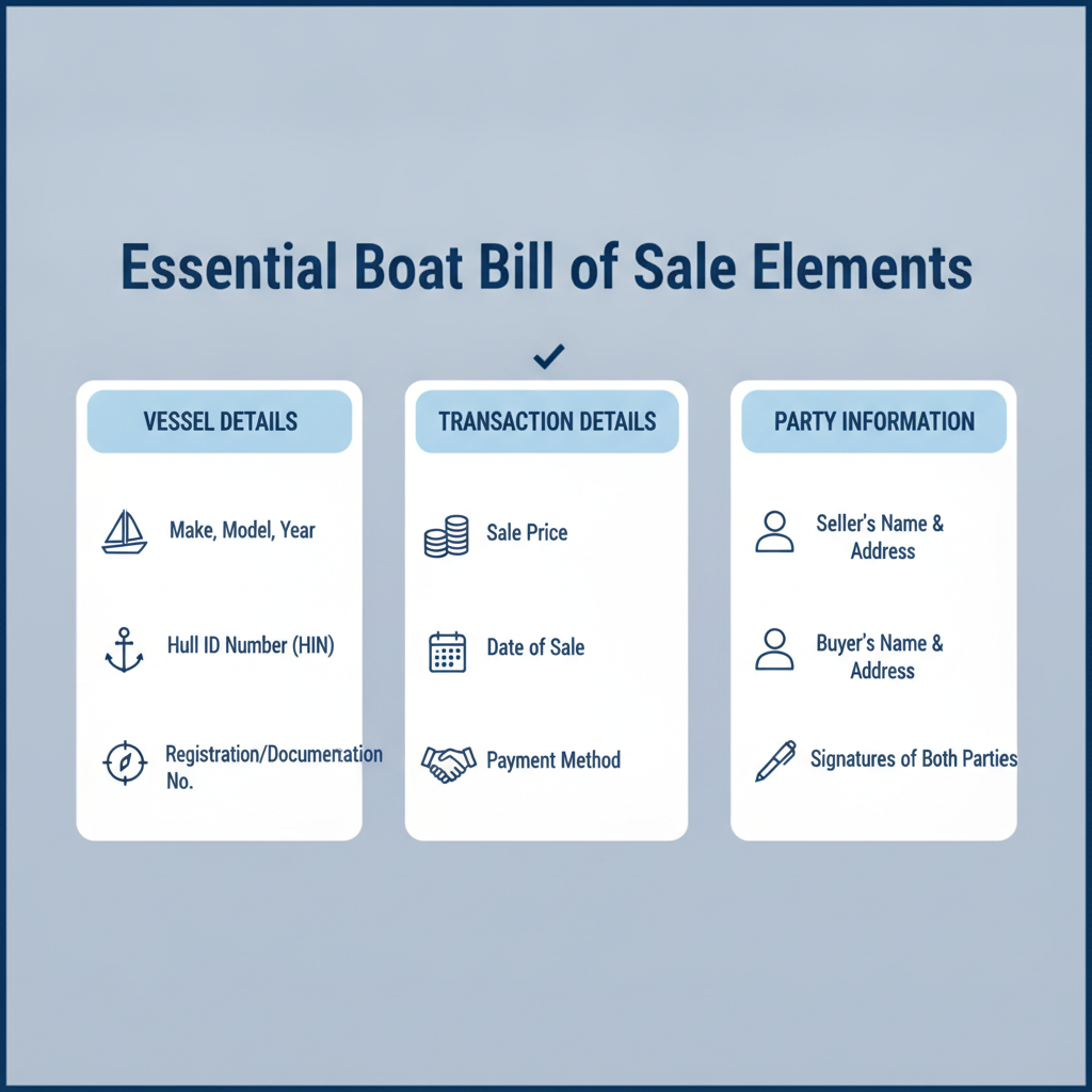 Checklist graphic outlining the essential elements required in a Boat Bill of Sale, such as vessel details, transaction information, and party identification.