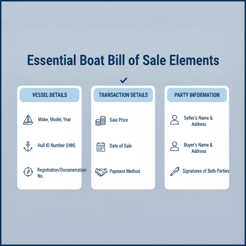 Checklist graphic outlining the essential elements required in a Boat Bill of Sale, such as vessel details, transaction information, and party identification.