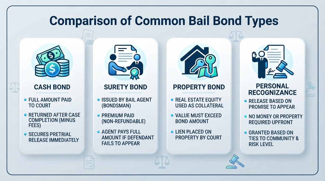 Comparison chart of cash, surety, property, and personal recognizance bonds.