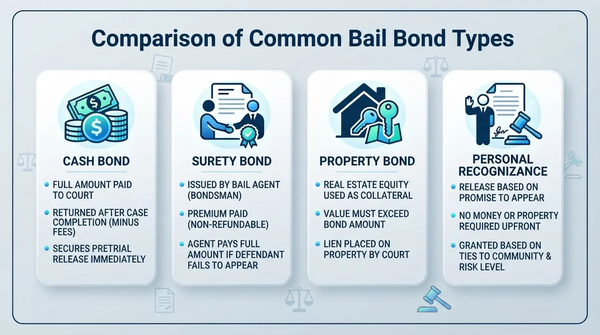 Comparison chart of cash, surety, property, and personal recognizance bonds.