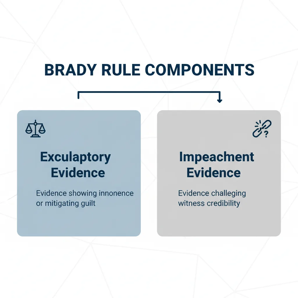 Diagram illustrating the two types of Brady material: exculpatory evidence and impeachment evidence.