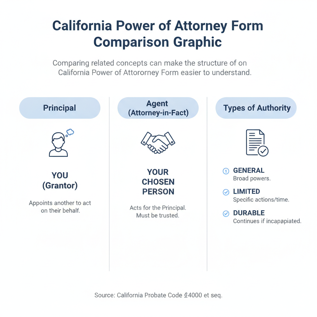 Comparison graphic explaining concepts related to a California Power of Attorney Form.