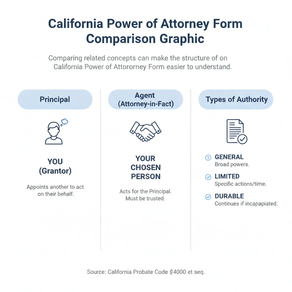 Comparison graphic explaining concepts related to a California Power of Attorney Form.