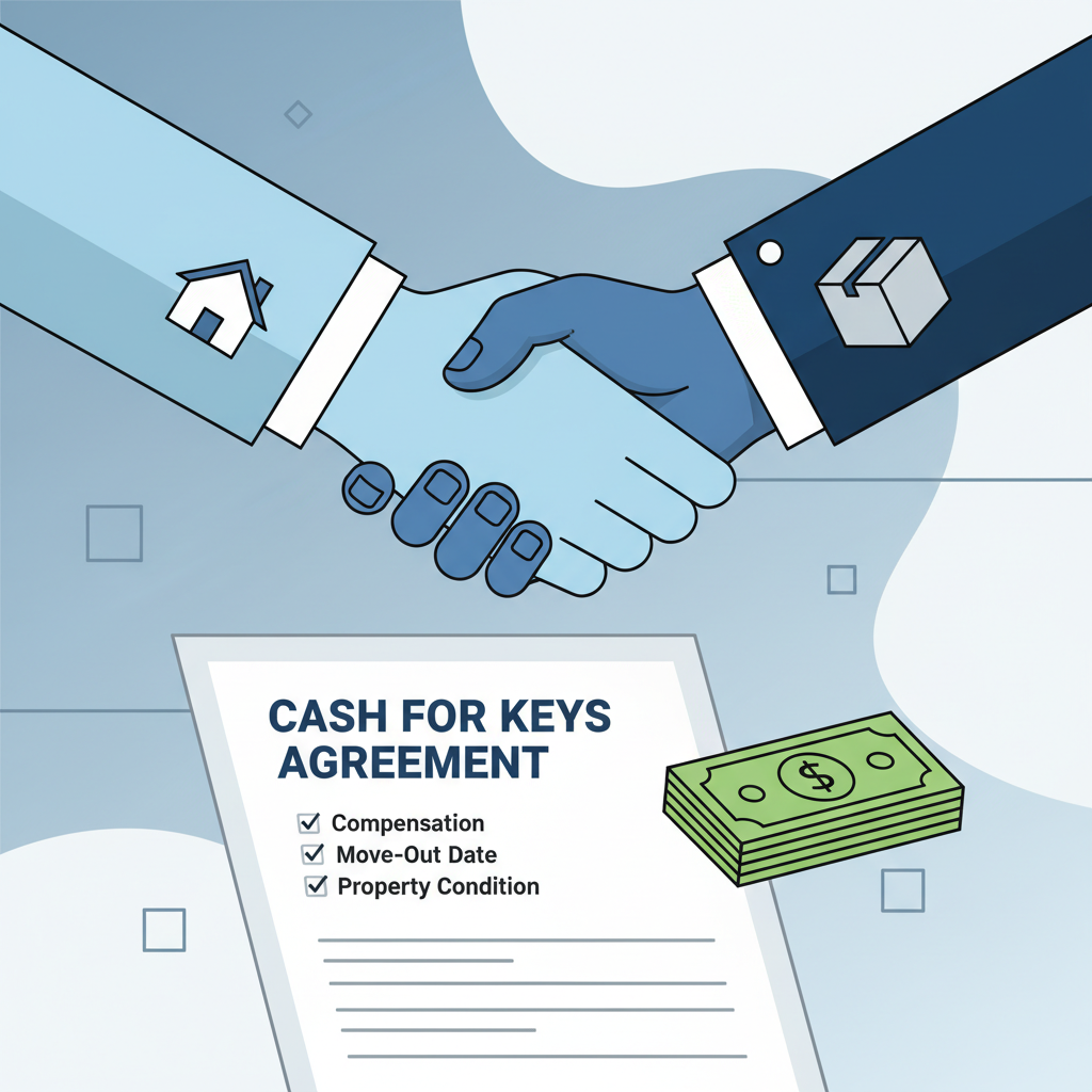 Illustration of a Cash For Keys Agreement negotiation, showing hands shaking over a contract with money and symbols for landlord and tenant.