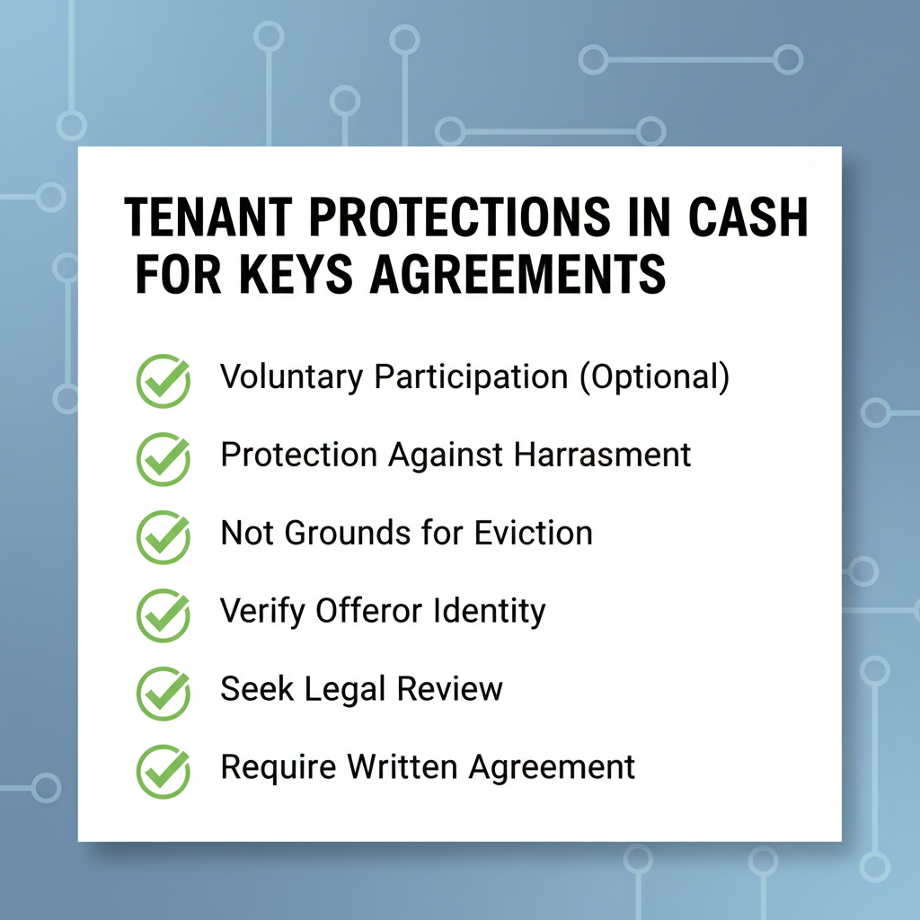 Checklist outlining key tenant rights and protections in a Cash For Keys Agreement, such as voluntary participation and the right to legal review.