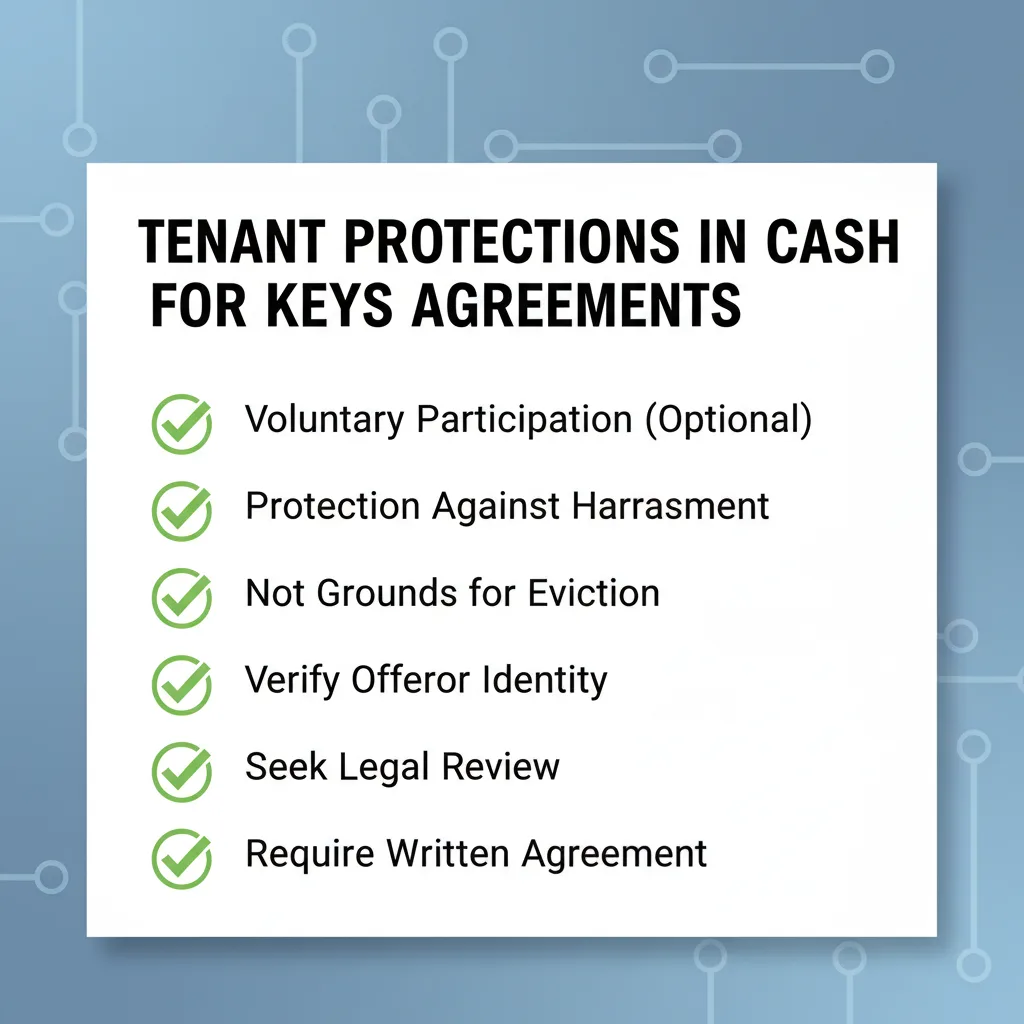 Checklist outlining key tenant rights and protections in a Cash For Keys Agreement, such as voluntary participation and the right to legal review.