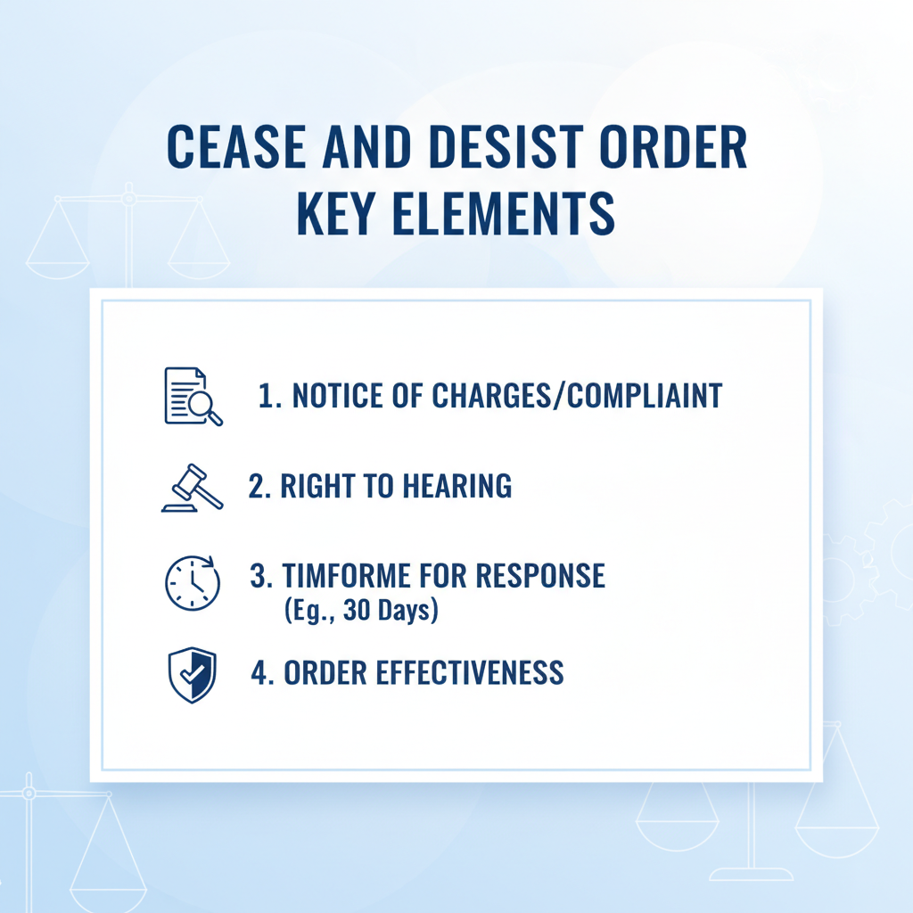 Checklist of key elements in cease and desist actions: Notice of Charges, Right to Hearing, Timeframe for Response, and Order Effectiveness.
