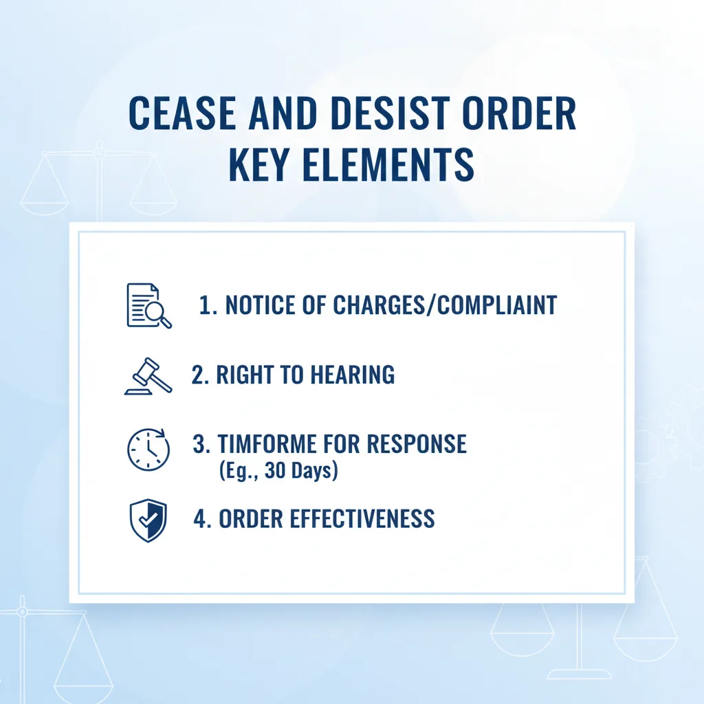 Checklist of key elements in cease and desist actions: Notice of Charges, Right to Hearing, Timeframe for Response, and Order Effectiveness.