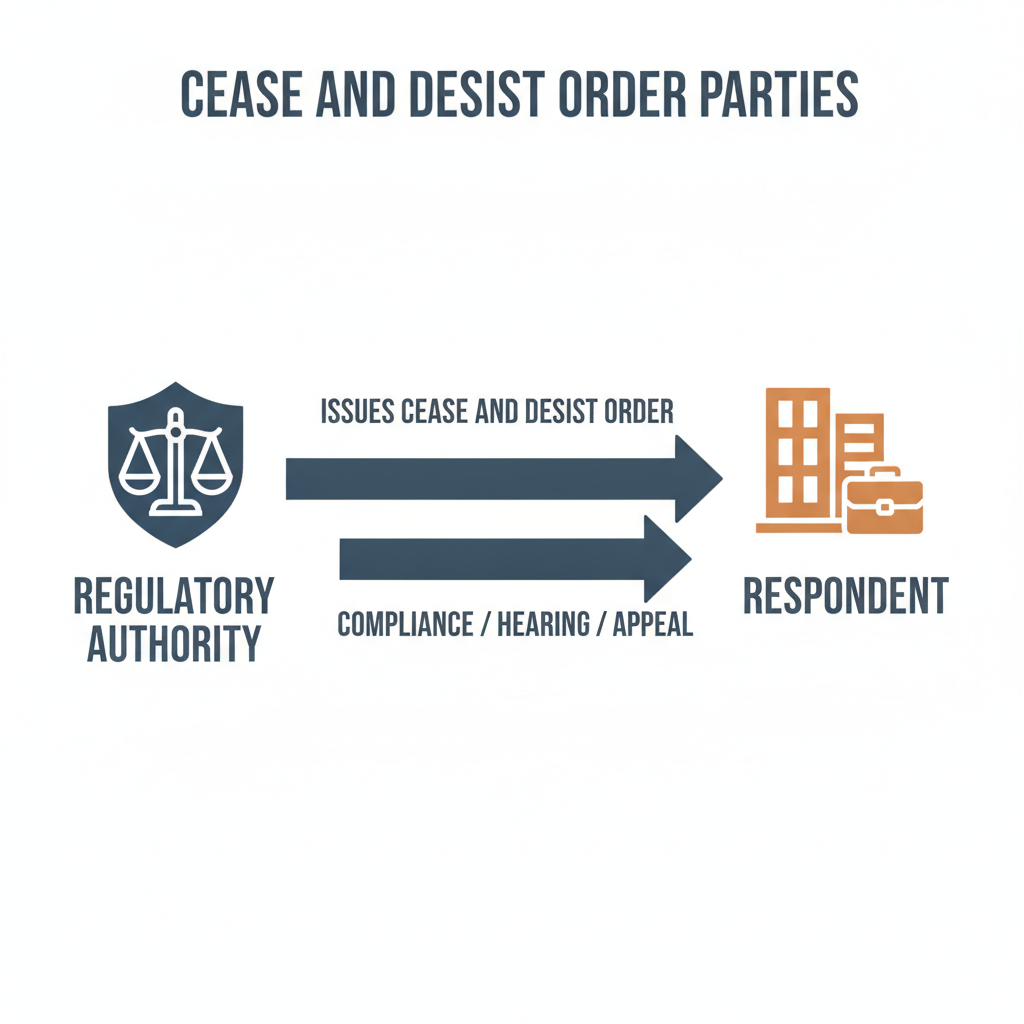 Diagram showing a regulatory authority issuing a cease and desist order to a respondent, who then has options for compliance or legal action.