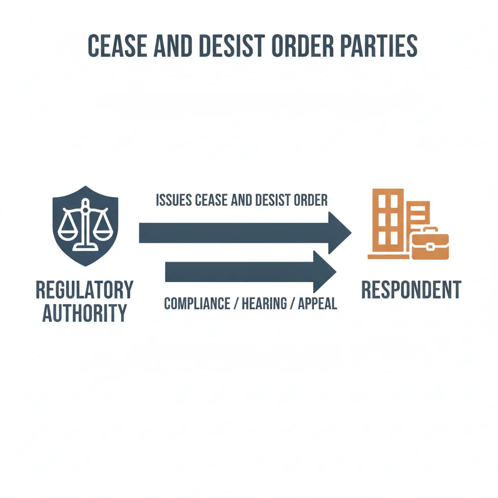 Diagram showing a regulatory authority issuing a cease and desist order to a respondent, who then has options for compliance or legal action.