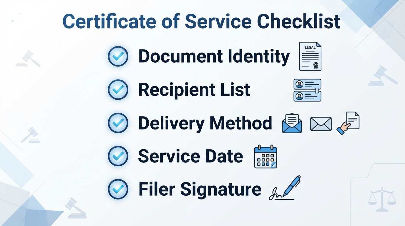 An infographic checklist showing the essential elements of a Certificate of Service.