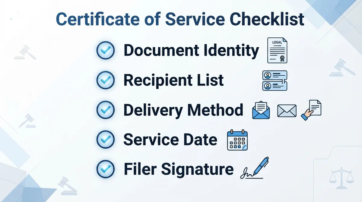 An infographic checklist showing the essential elements of a Certificate of Service.