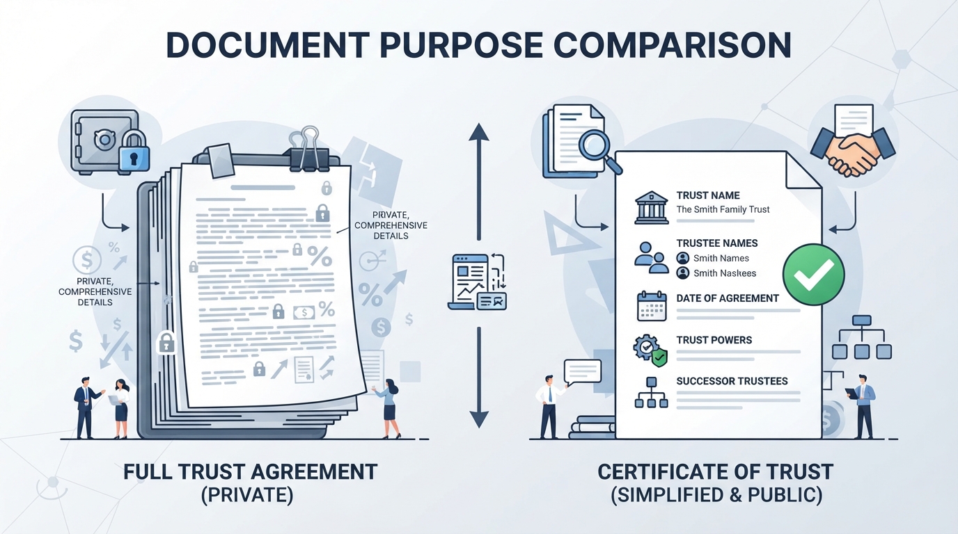 Infographic comparing a full private Trust Agreement with a simplified public Certificate of Trust.