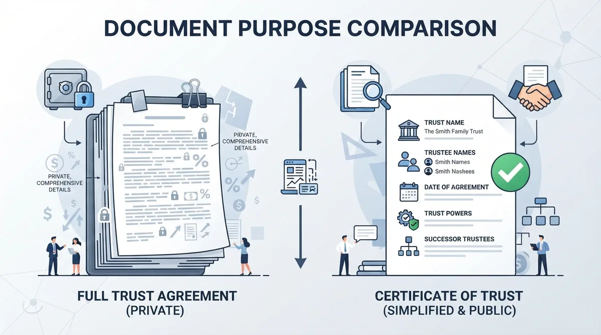 Infographic comparing a full private Trust Agreement with a simplified public Certificate of Trust.
