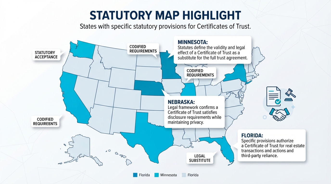 U.S. map highlighting states with specific statutory provisions for certificates of trust.