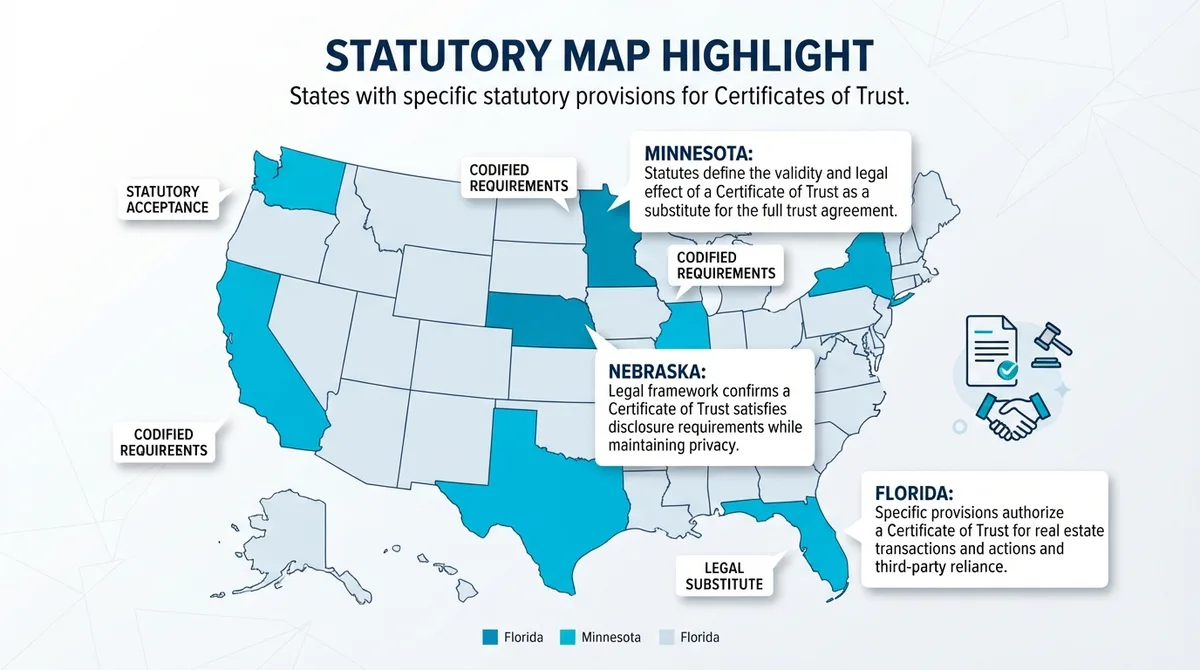 U.S. map highlighting states with specific statutory provisions for certificates of trust.